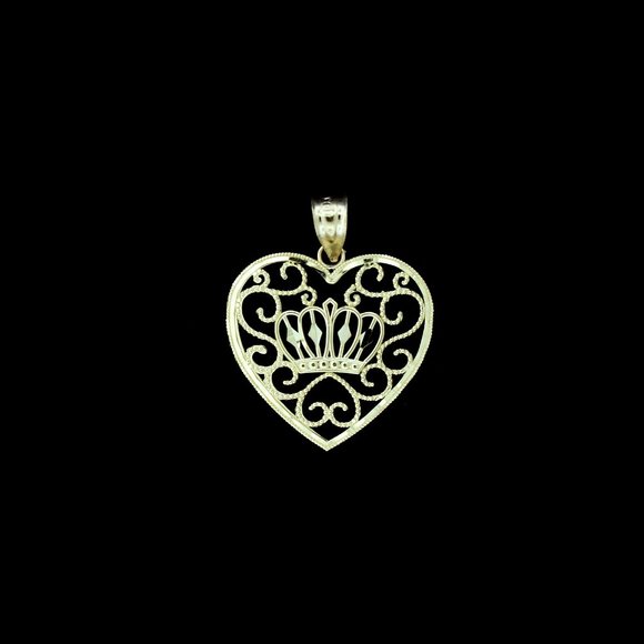 JewelzKing Jewelry - 10K Yellow Gold Diamond Cut Heart & Crown Pendant